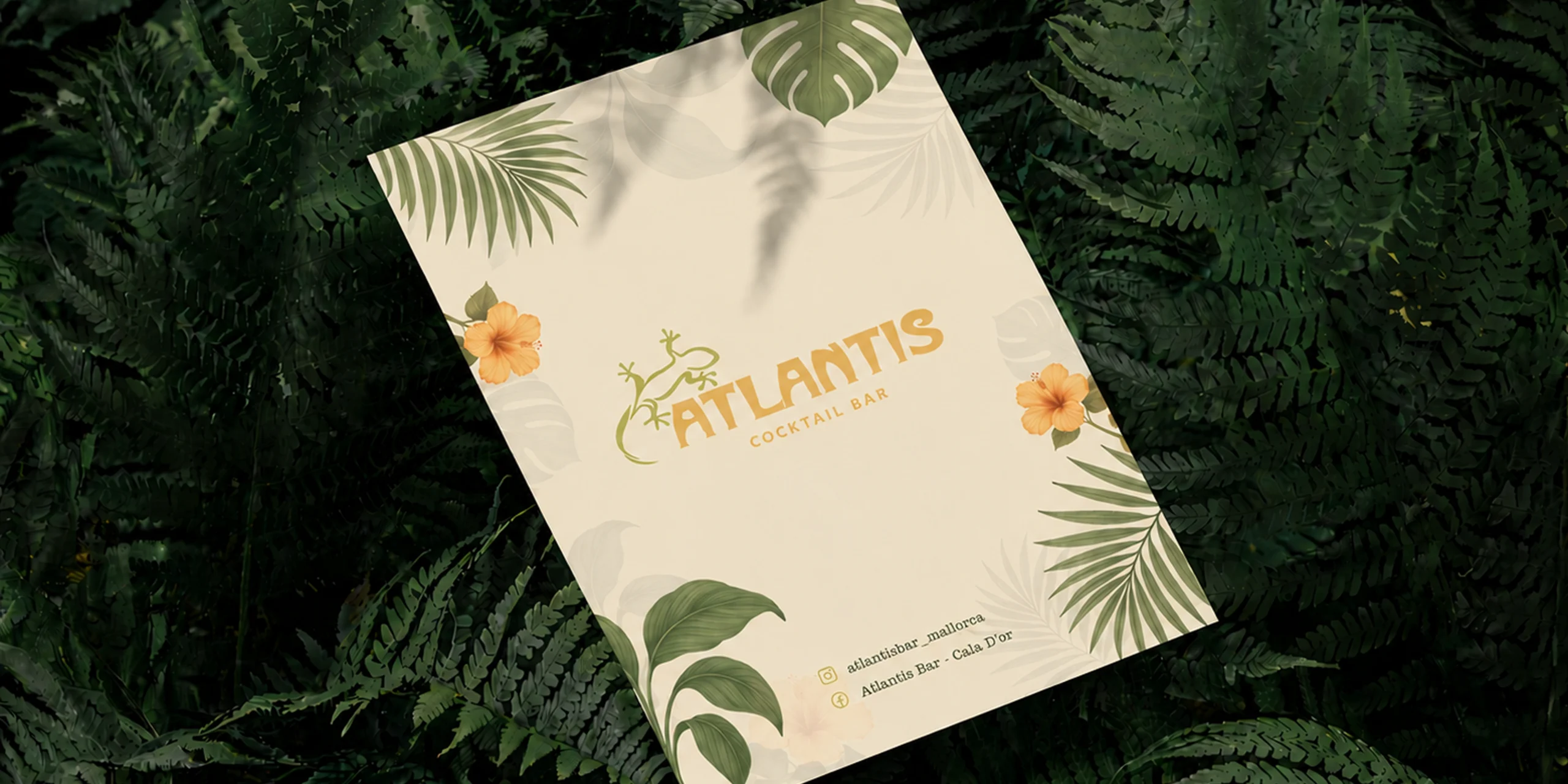 Cocktail bar menu cover design for Atlantis Cocktail Bar featuring tropical leaf illustrations, hibiscus flowers, and a soft cream background.