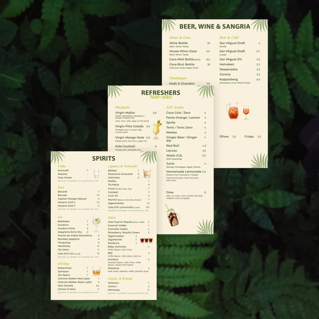 Restaurant drinks menu design featuring beer, wine, sangria, cocktails, spirits, and non-alcoholic beverages with tropical leaf illustrations.