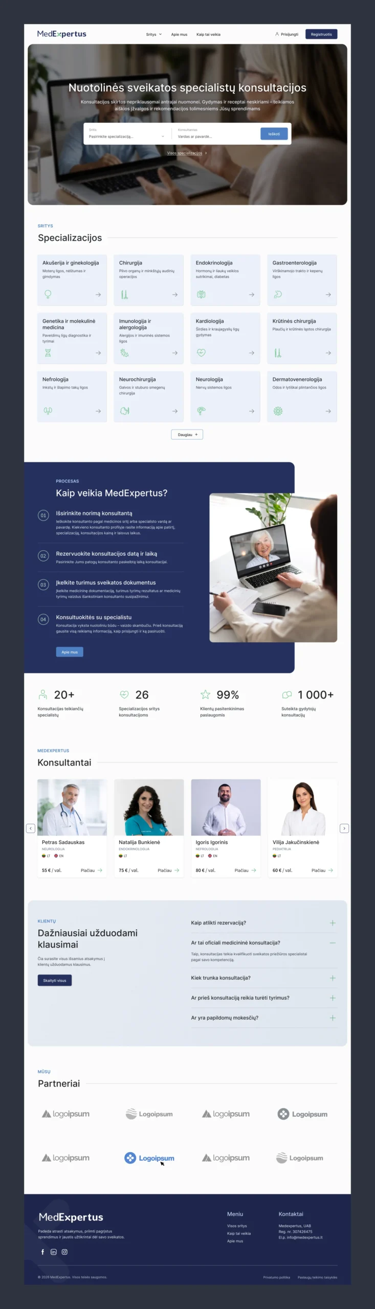 MedExpertus healthcare consultation platform homepage UX/UI design featuring specialist search, medical specializations, consultant profiles, and appointment booking information.