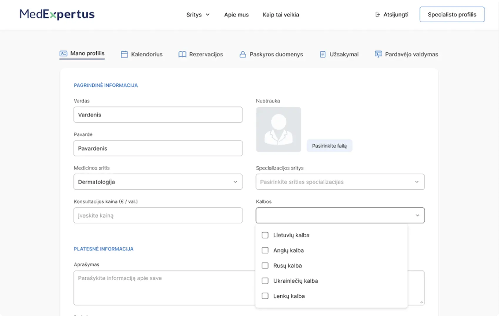 MedExpertus specialist profile dashboard showing editable medical information, specialization, consultation pricing, and language selection fields.