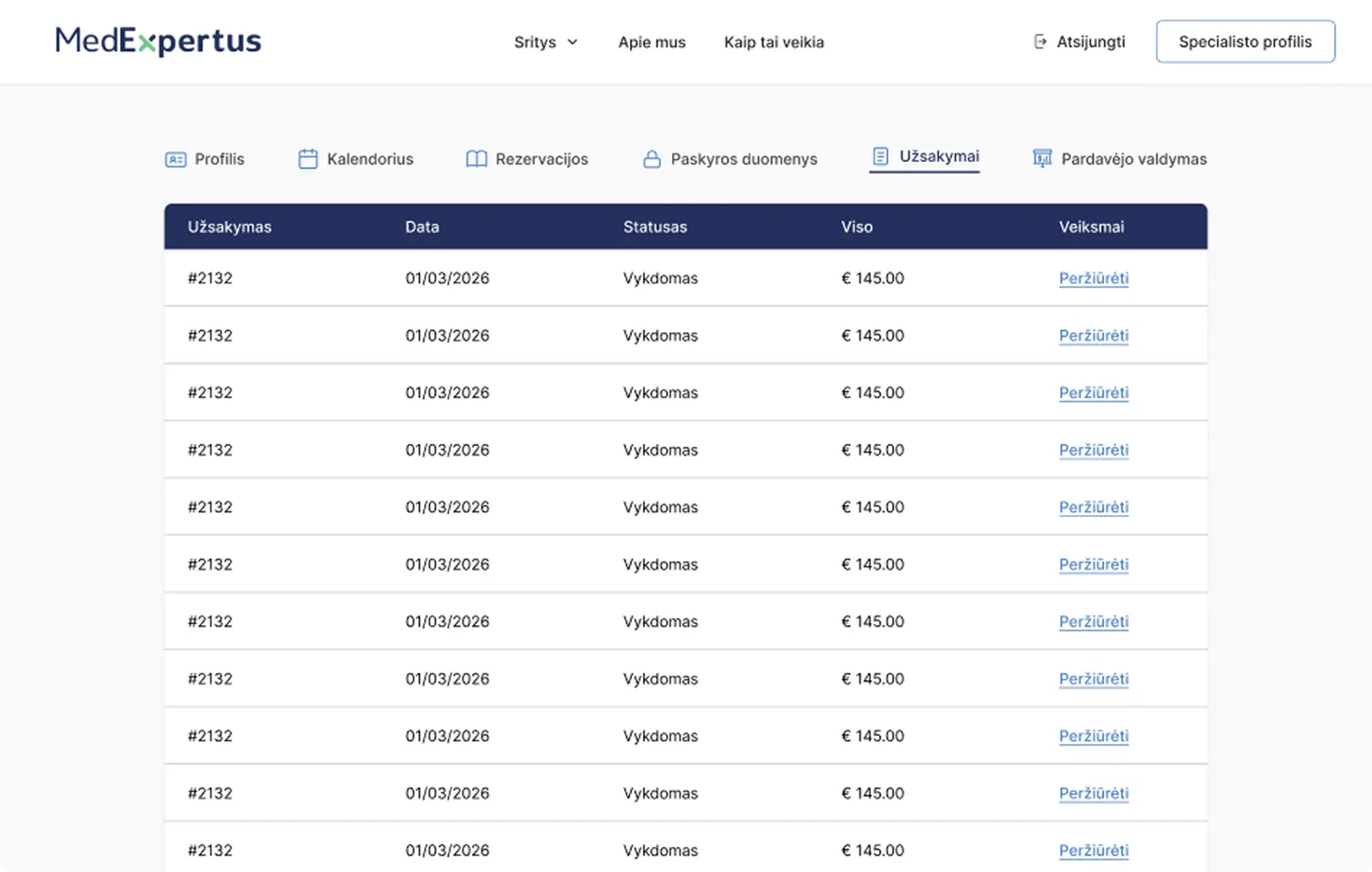 MedExpertus healthcare platform dashboard showing an orders table with order dates, statuses, total amounts, and view actions.