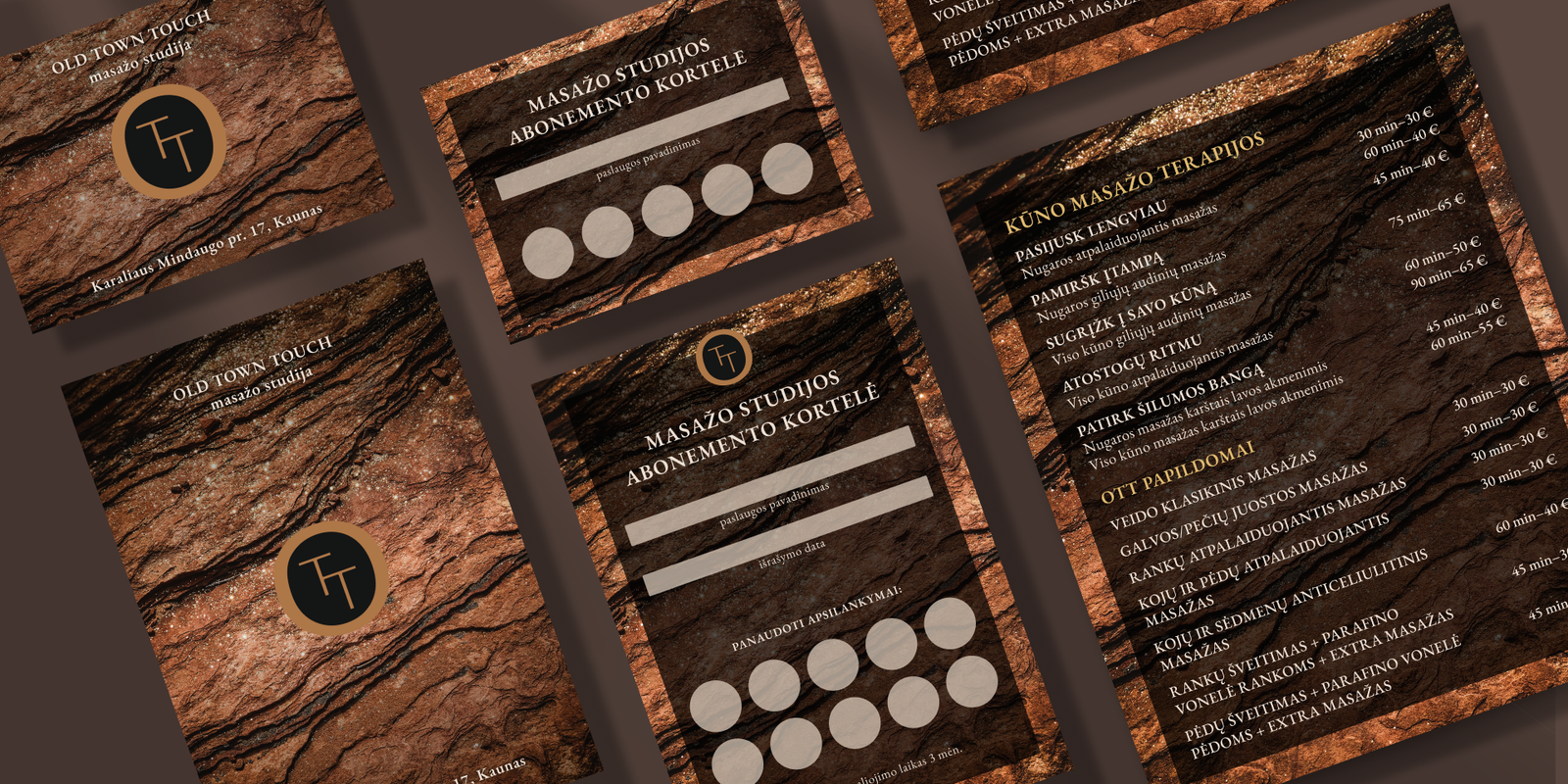Massage studio branding and printed promotional materials featuring a textured stone design, logo, membership cards, and service price list.