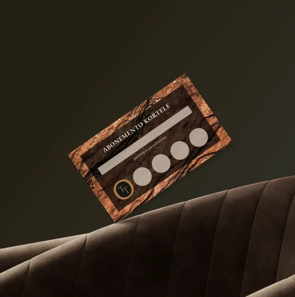 Massage studio membership card featuring a textured stone design, elegant typography, and a minimalist logo on a dark background.