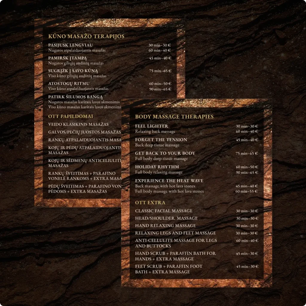 massage studio service menus featuring body massage treatments and additional massage services.