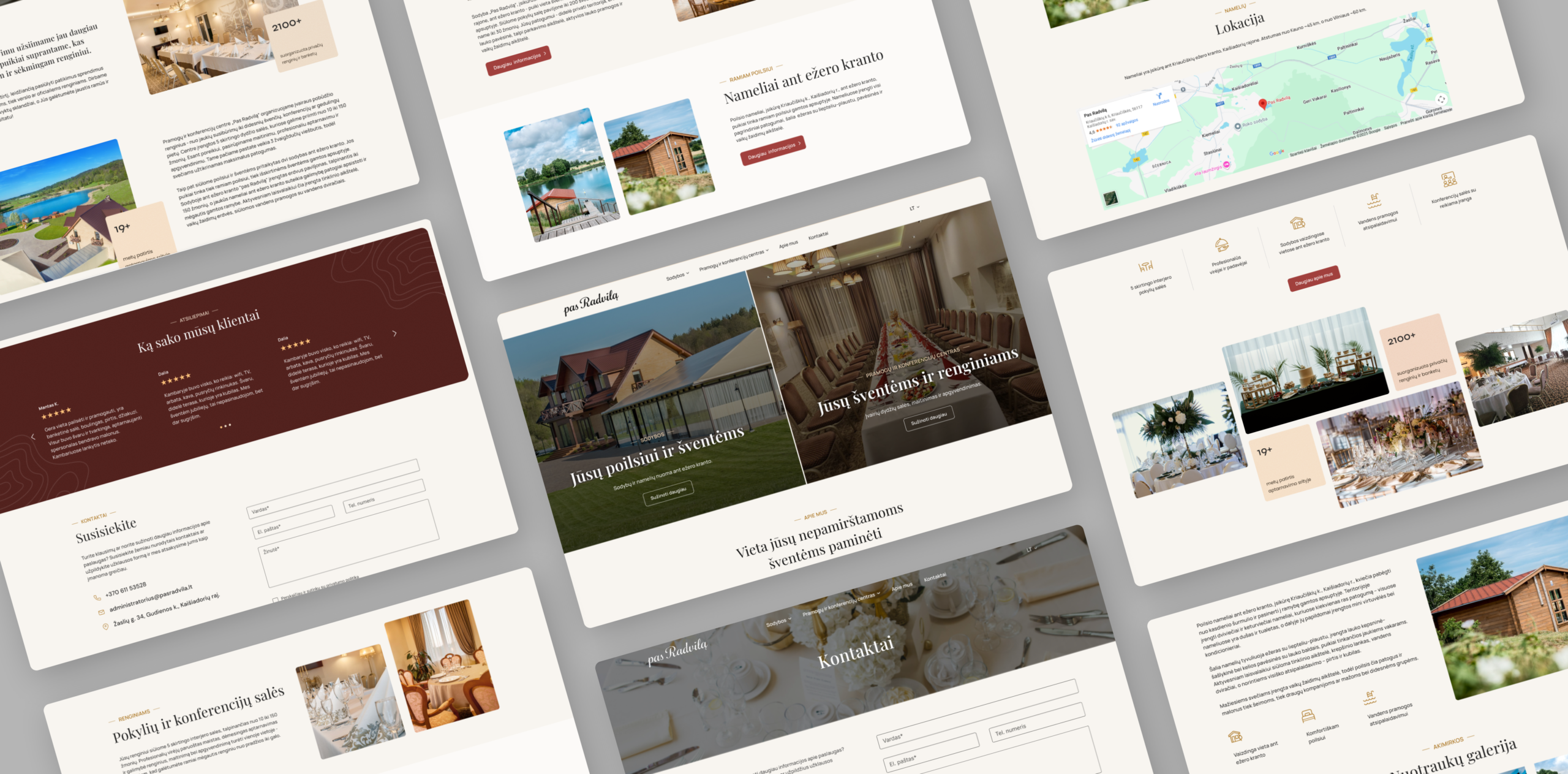 Pas Radvilą website UX/UI design showcase featuring multiple responsive pages for an event venue, including the homepage, contact form, location, testimonials, and event spaces.
