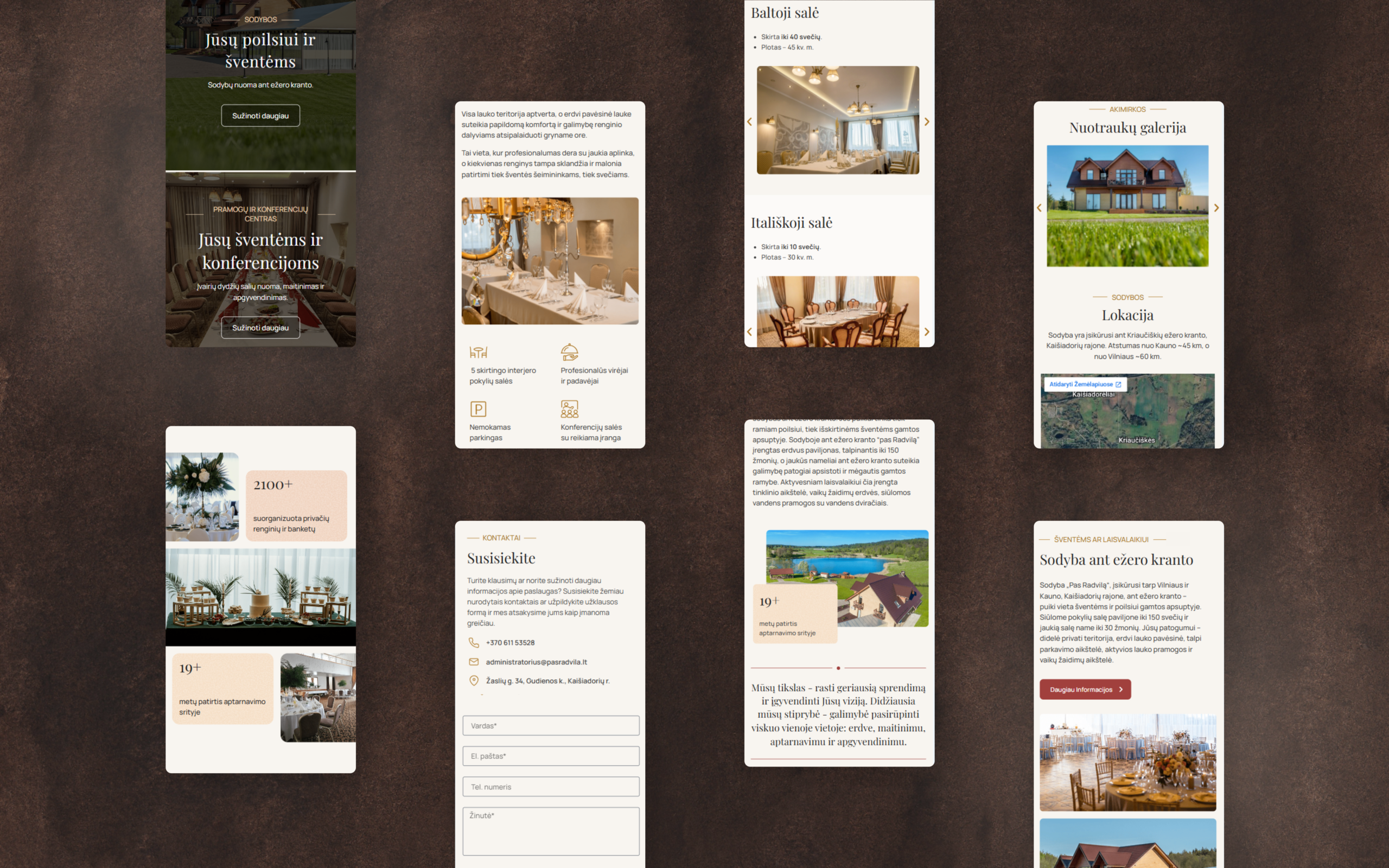 Responsive website UX/UI design for a countryside event venue, featuring mobile layouts for event spaces, photo galleries, location information, and contact forms.