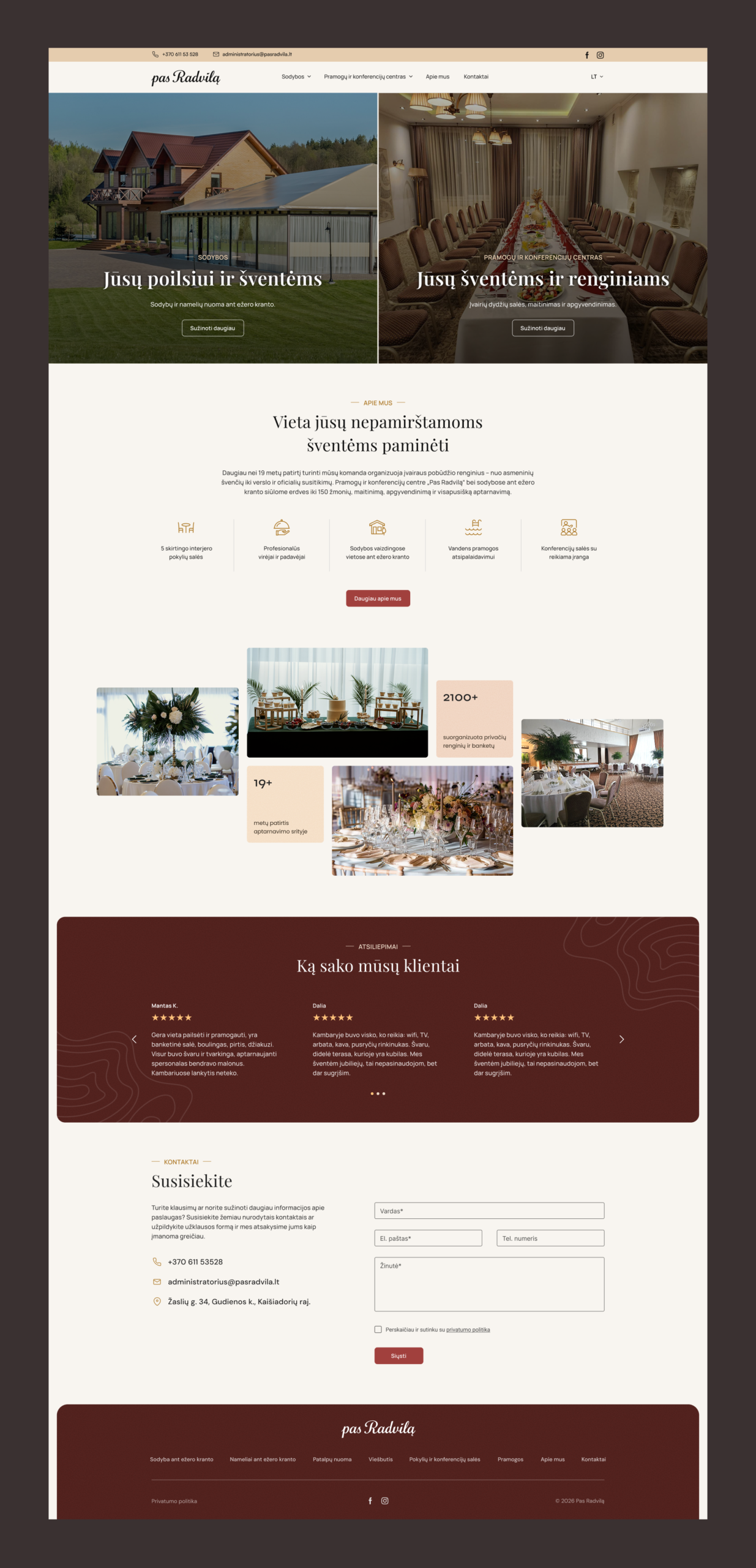 Responsive website UX/UI design for Pas Radvilą countryside event venue, featuring event spaces, venue information, testimonials, and a contact section.